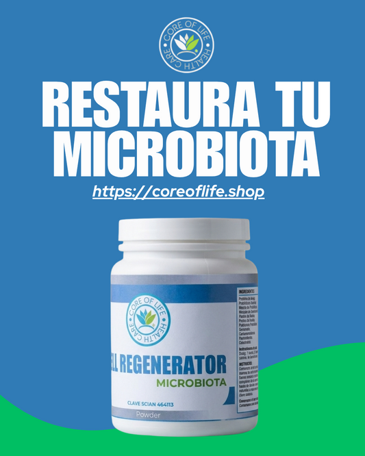 Frasco de REGENERADOR MICROBIOTA de Core of Life sobre fondo azul y verde.